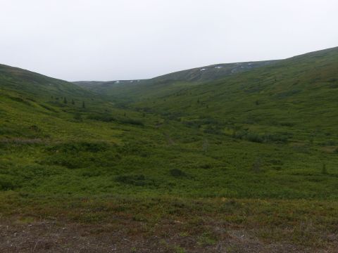 2000 Ford E350 - A vast, green valley stretches out between rolling hills under an overcast sky. Patches of snow dot the distant higher elevations.