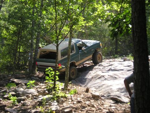 1989 Ford Bronco - This SUV navigates a rocky path through a dense forest.