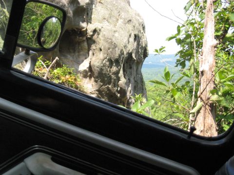 1978 Ford Bronco - View from inside a vehicle looking out at a rocky cliff face and lush green foliage.