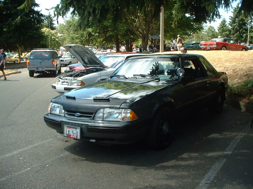 Dark green Fox-body Mustang LX coupe with pillar spotlight and steel wheels at a car meet
