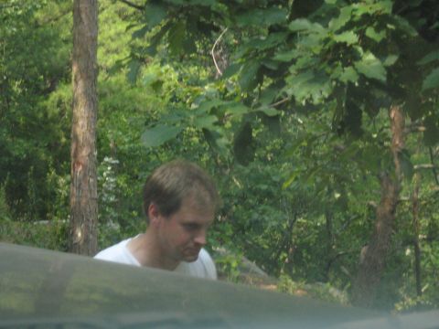 1978 Ford Bronco - A man stands in a wooded area, partially obscured by the foreground.