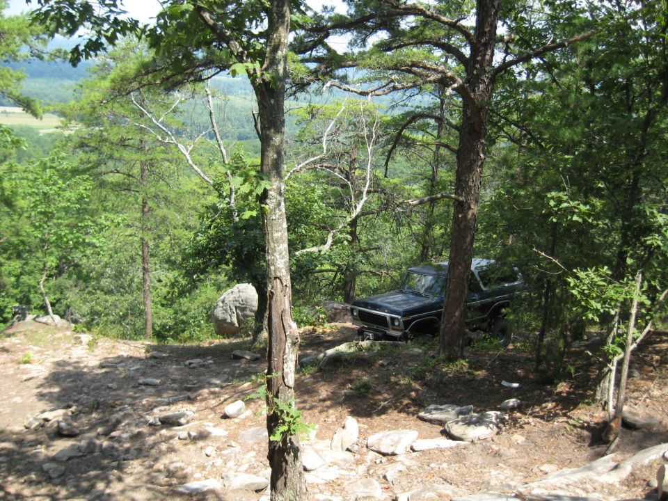 Black 1978 Ford Bronco parked off-road in a wooded area