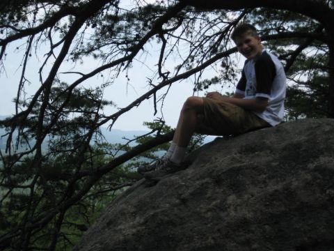 1978 Ford Bronco - A young person enjoys a scenic view from a rocky outcrop, surrounded by trees.