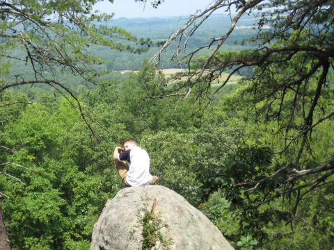 1978 Ford Bronco - A person contemplates the expansive view from a rocky perch amidst lush green trees and rolling hills.