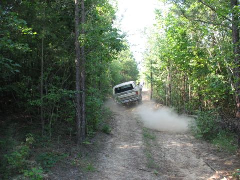 1978 Ford Bronco - A pickup truck drives up a dusty, wooded path, with trees lining both sides of the road.