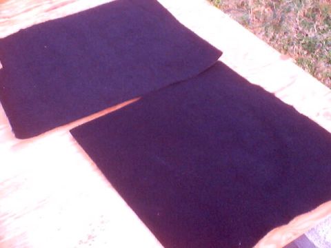 1999 Ford Taurus - Two dark carpet pieces are laid out on a wooden surface, with grass visible in the background.
