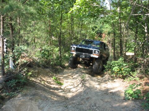 1978 Ford Bronco - A lifted Ford Bronco navigates a challenging off-road trail surrounded by dense trees.
