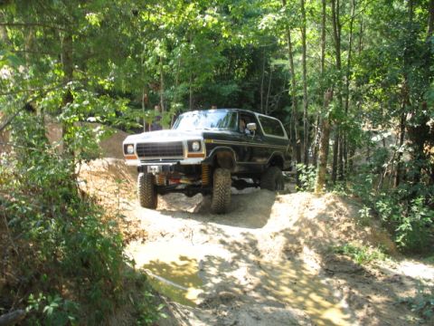 1978 Ford Bronco - This 1978 Ford Bronco navigates a challenging muddy path through a wooded area.