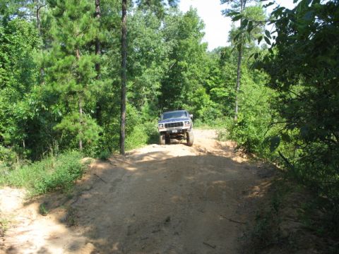 1978 Ford Bronco - A blue pickup truck drives up a dirt path surrounded by trees.