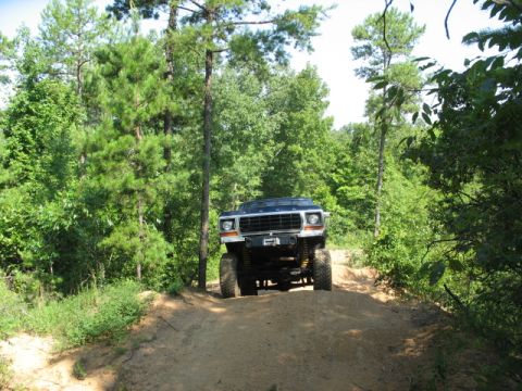 1978 Ford Bronco - This lifted 1978 Ford Bronco navigates a dirt path through a wooded area.