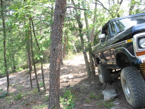 1978 Ford Bronco - A dark blue Ford Bronco navigates a wooded trail with large tires.