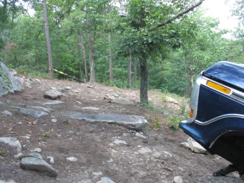 1978 Ford Bronco - A blue pickup truck is parked on a rough, wooded terrain with rocks and trees visible.