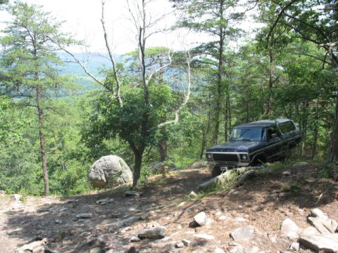1978 Ford Bronco - A 1978 Ford Bronco navigates a challenging, rocky path through a dense forest.