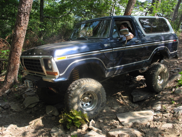 Blue 1978 Ford Bronco on rocky trail