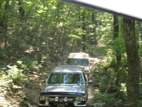 1978 Ford Bronco - Two SUVs navigate a narrow dirt path through a dense forest.