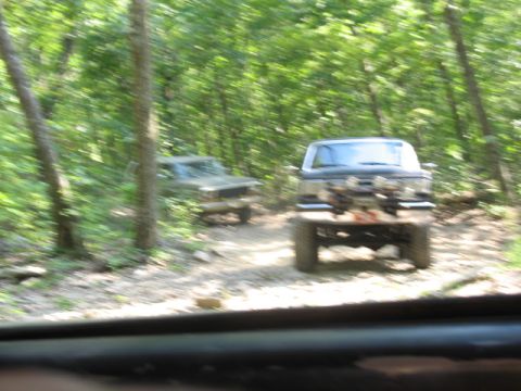 1978 Ford Bronco - Two off-road vehicles navigate a wooded trail, captured in motion with a blurred background.