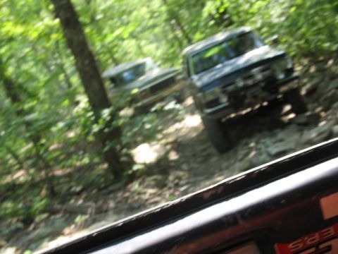 1978 Ford Bronco - Two trucks navigate a challenging off-road trail through a dense forest.
