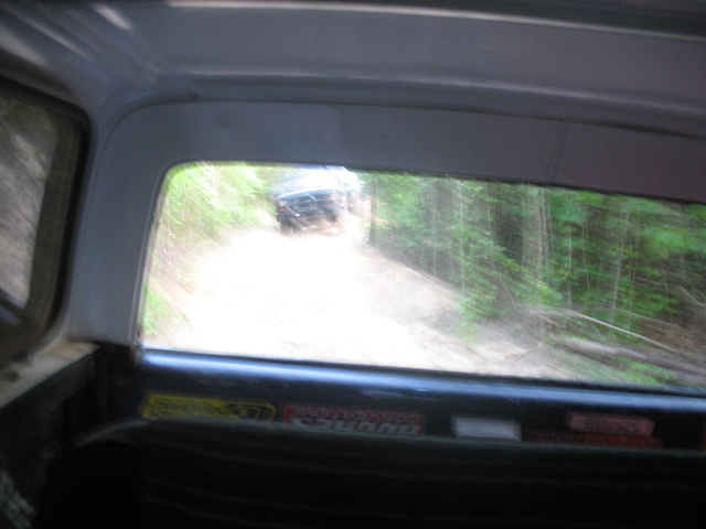 View through rear window of an off-road vehicle on a dirt path, with trees on either side