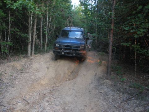 1978 Ford Bronco - A blue SUV navigates a challenging dirt trail surrounded by dense forest.
