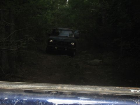 1978 Ford Bronco - A dark 1978 Ford Bronco navigates a wooded trail, its headlights illuminating the path ahead.