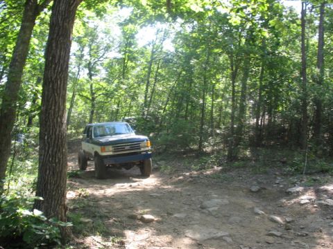 1978 Ford Bronco - A two-tone green and white Ford Bronco navigates a rocky dirt path through a dense forest.