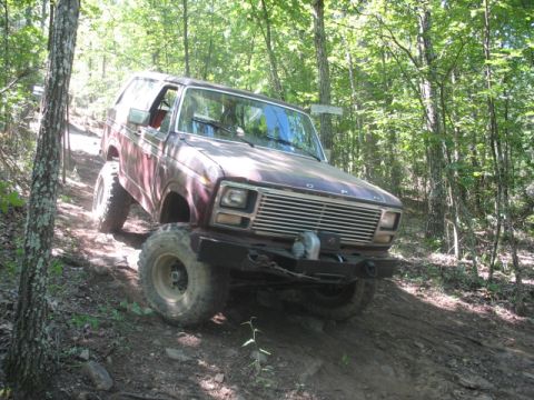 1978 Ford Bronco - This modified Ford Bronco is navigating a steep, wooded trail with large off-road tires.