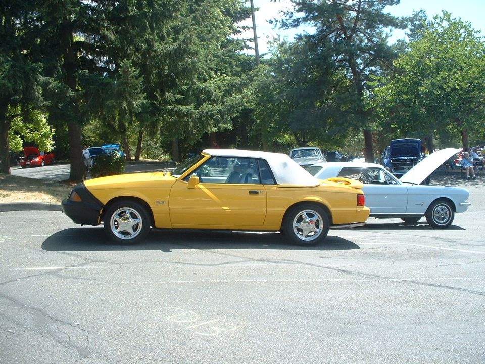 Yellow convertible car with white top, black car bra, and chrome wheels parked on asphalt
