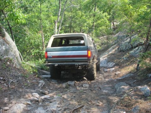 1978 Ford Bronco - This Ford Bronco navigates a challenging, off-road path through a dense forest.