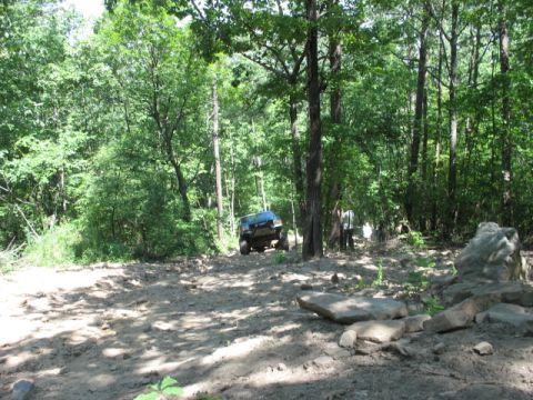 1978 Ford Bronco - An off-road vehicle navigates a challenging dirt trail surrounded by trees.