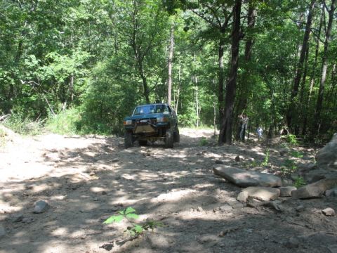 1978 Ford Bronco - Green SUV navigates a rocky, wooded trail.