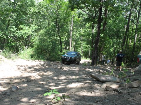 1978 Ford Bronco - Off-road vehicles navigate a wooded trail with several people present.