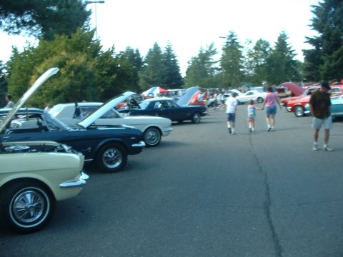 1999 Ford Crown Victoria - Several classic Ford Mustangs are displayed at an outdoor event with their hoods open.
