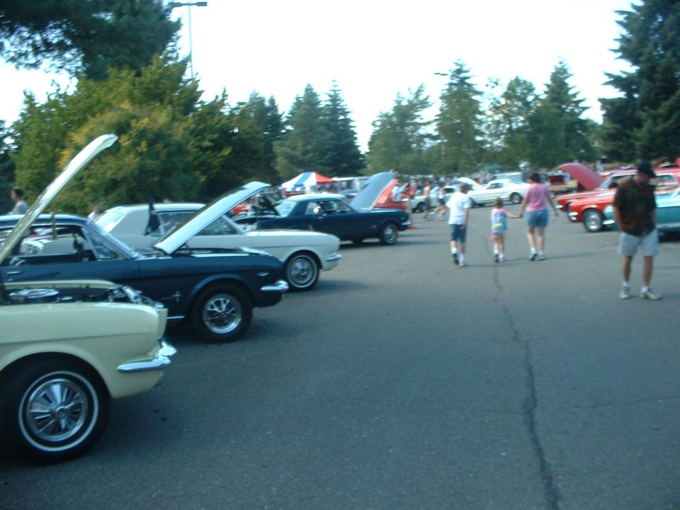 Cream and dark blue 1965 Ford Mustangs parked side-by-side with hoods open