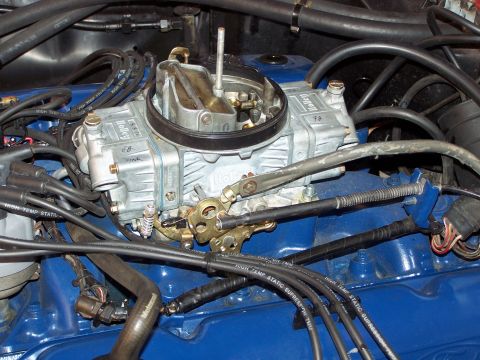 1973 Ford Ranchero - Holley 670 "Street Avenger" carb; I used a 1/2" spacer so the air cleaner will clear the kick-down linkage.
