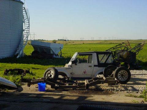 1992 Ford Bronco - off, and stripped. i can now lift the whole frame in the air if i stand in the middle. i think its going to need some reinforcing.
