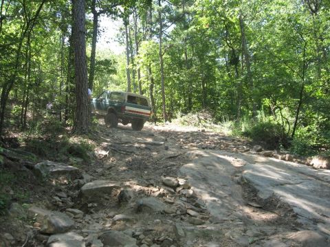 1978 Ford Bronco - A 1978 Ford Bronco navigates a challenging, rocky path through a dense forest.