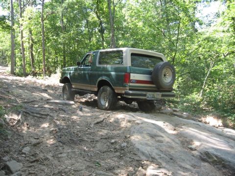 1978 Ford Bronco - A green Ford Bronco navigates a challenging rocky path through a dense forest.