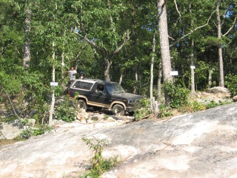1978 Ford Bronco - A black Ford Bronco navigates a rocky, wooded trail, demonstrating its off-road capabilities.