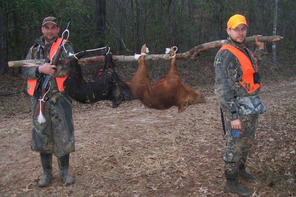 Two hunters in camouflage and orange vests carry two dead animals suspended from a wooden pole