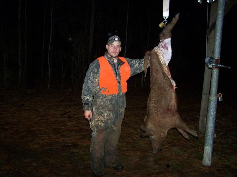 1982 Ford E350 - Hunter with a freshly harvested deer carcass hanging from a hoist in a wooded area at night.