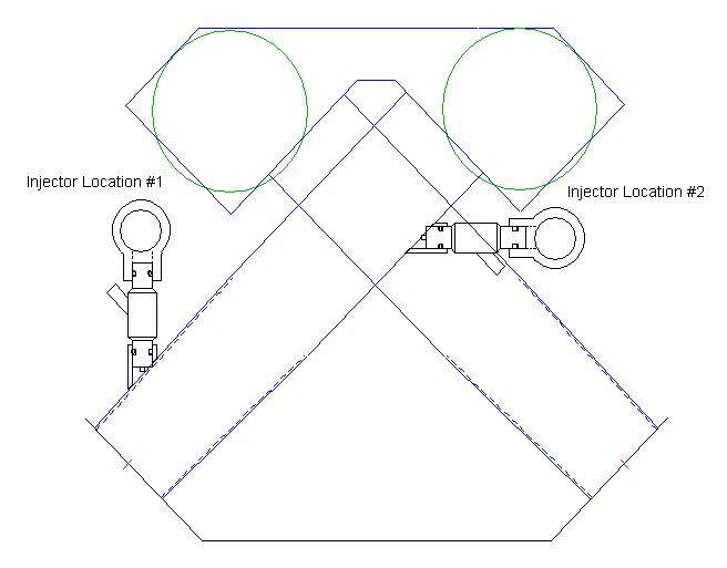 CAD diagram of intake cross-section showing two labeled fuel injector locations