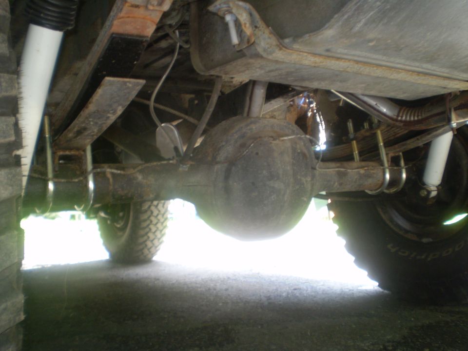 Undercarriage view of a vehicle's rear differential and suspension components