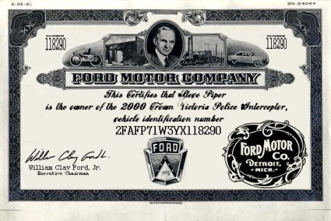 2000 Ford Crown Victoria - This document certifies ownership of a 2000 Ford Crown Victoria Police Interceptor, including its vehicle identification number.