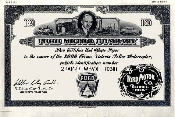 Ford Motor Company certificate for a 2000 Crown Victoria Police Interceptor