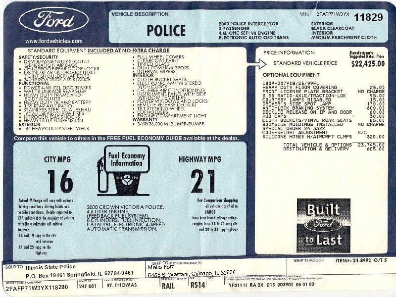 2000 Crown Victoria Police Interceptor window sticker with options list, 16/21 MPG and pricing
