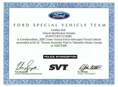 2000 Ford Crown Victoria - Certificate details a 2000 Ford Crown Victoria Police Interceptor assembled on 10/07/1999.