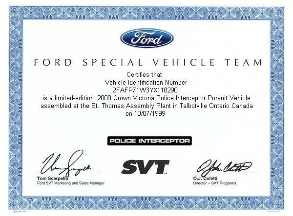 Ford Special Vehicle Team certificate for a 2000 Crown Victoria Police Interceptor Pursuit Vehicle
