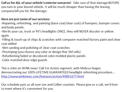 1993 Ford C-350 (Centurion Conversions) - This document outlines various auto exterior repair services, including painting, dent repair, and headlight refinishing, and mentions a WI…
