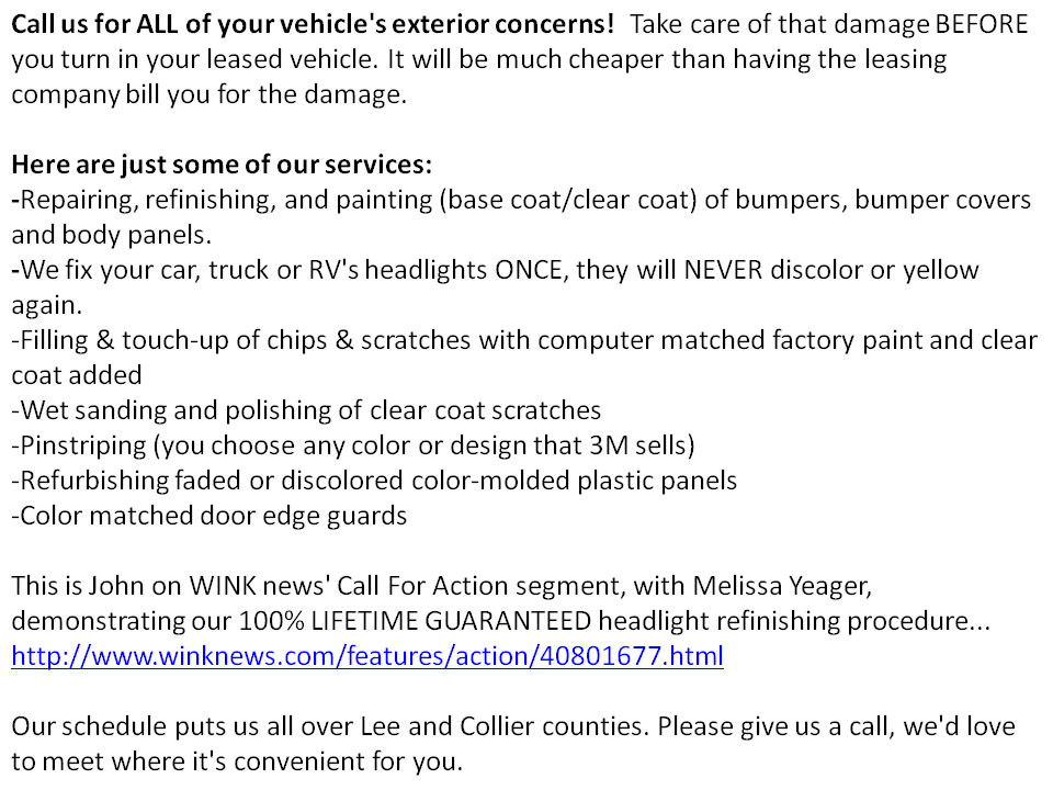Document detailing auto exterior repair services and a news segment