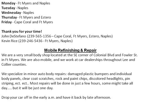 1993 Ford C-350 (Centurion Conversions) - This document details mobile refinishing and repair services, including contact numbers and service areas.